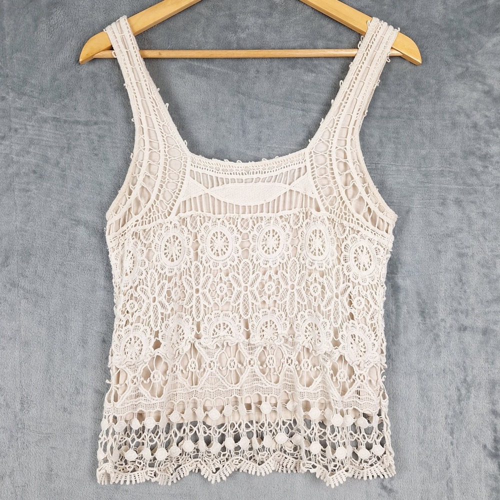 Boho Crochet Top Womens Medium Festival Floral Lace Sheer Hippie Cottagecore
